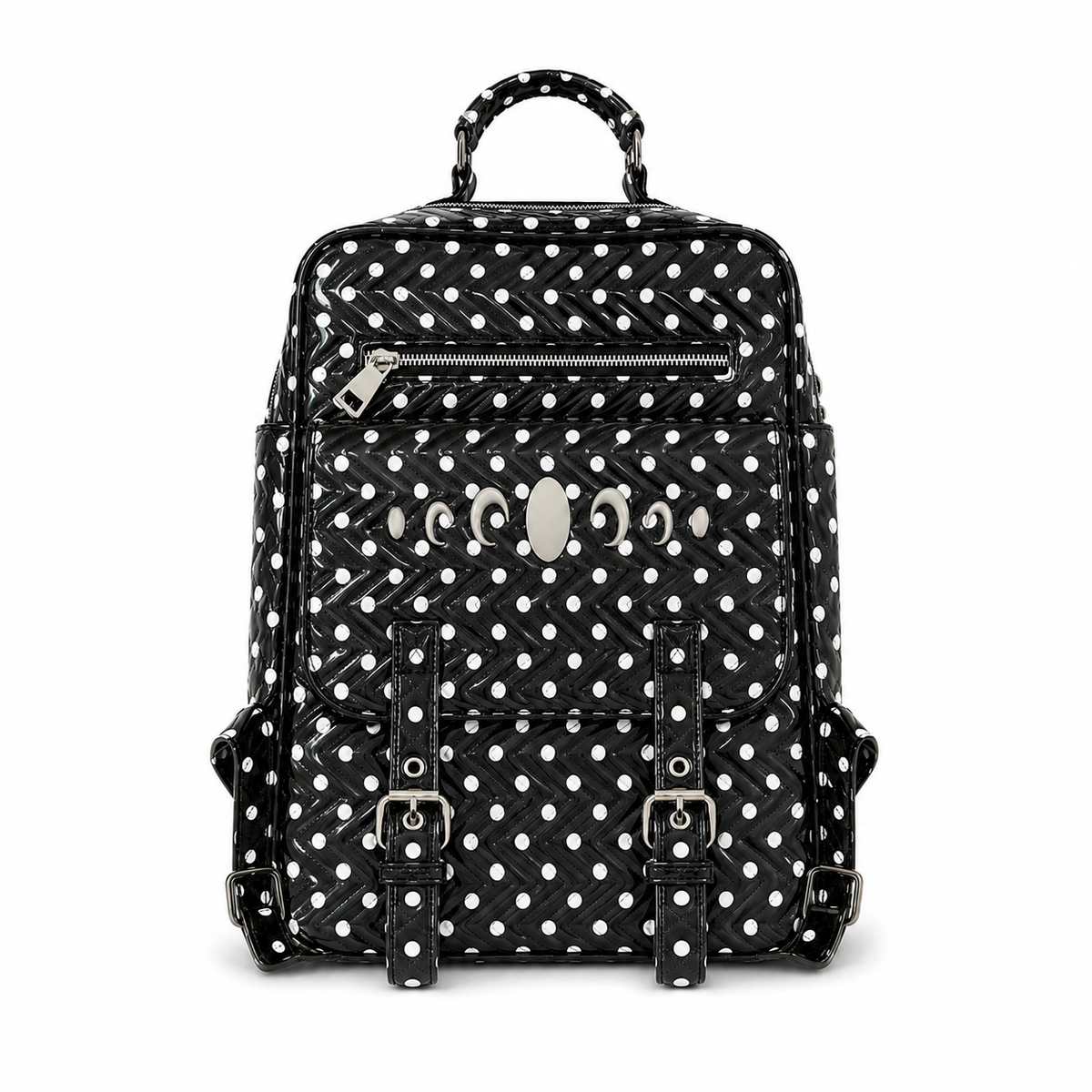 KARMANISTIC Studded PU Leather Backpack - Black / Black Polka Dot