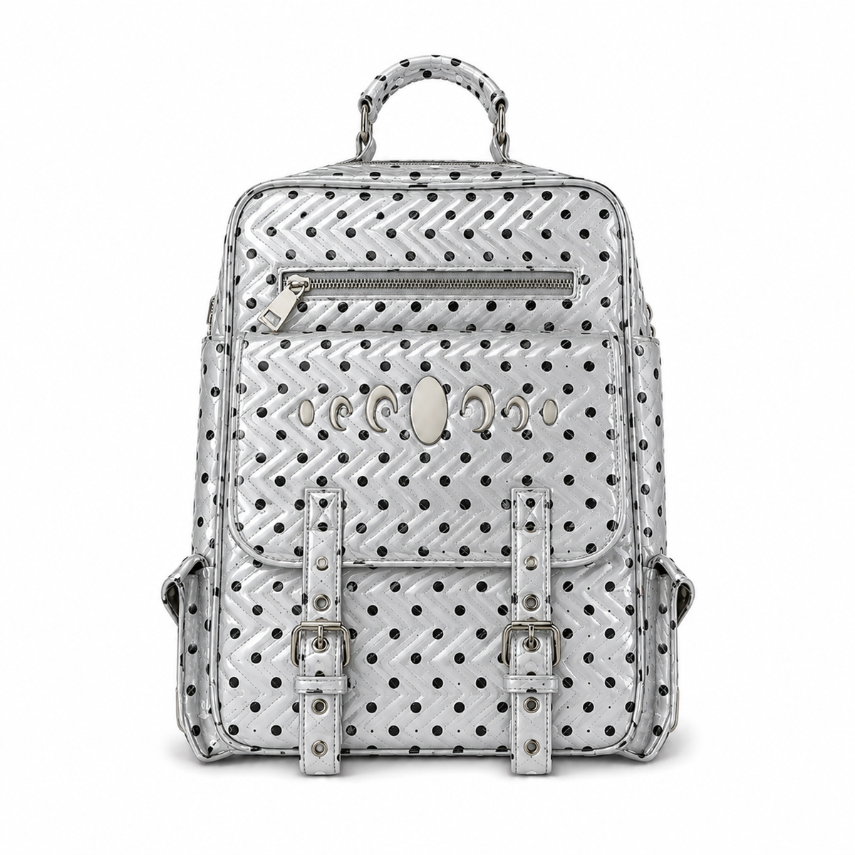 KARMANISTIC Studded PU Leather Backpack - Gray Polka Dot / Red / Silver
