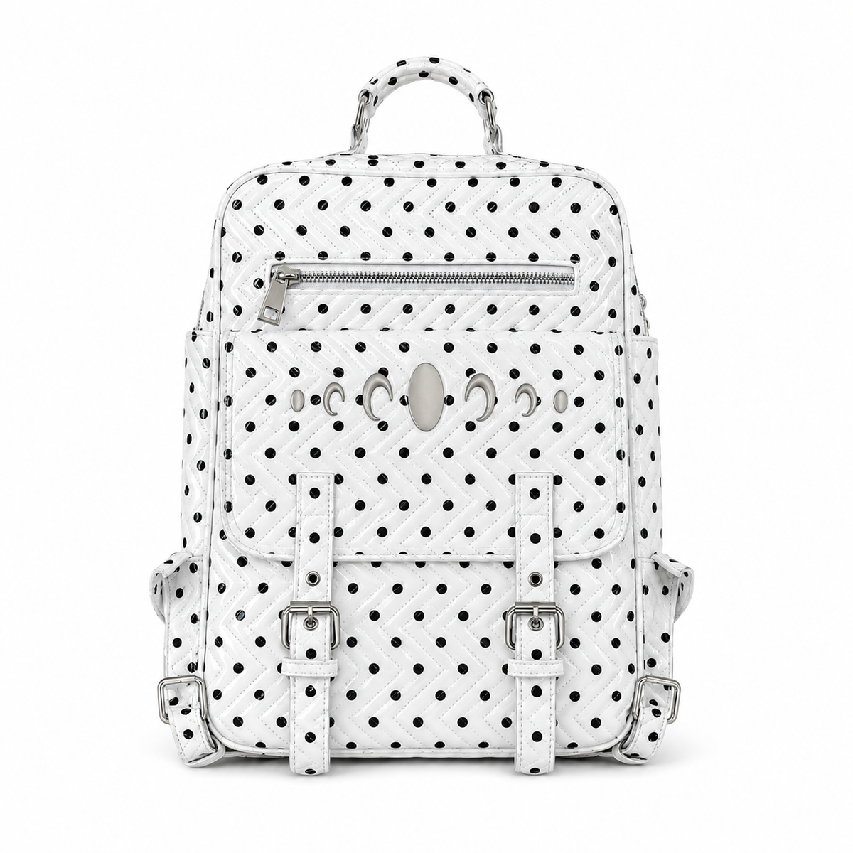 KARMANISTIC Studded PU Leather Backpack - White / White Polka Dot