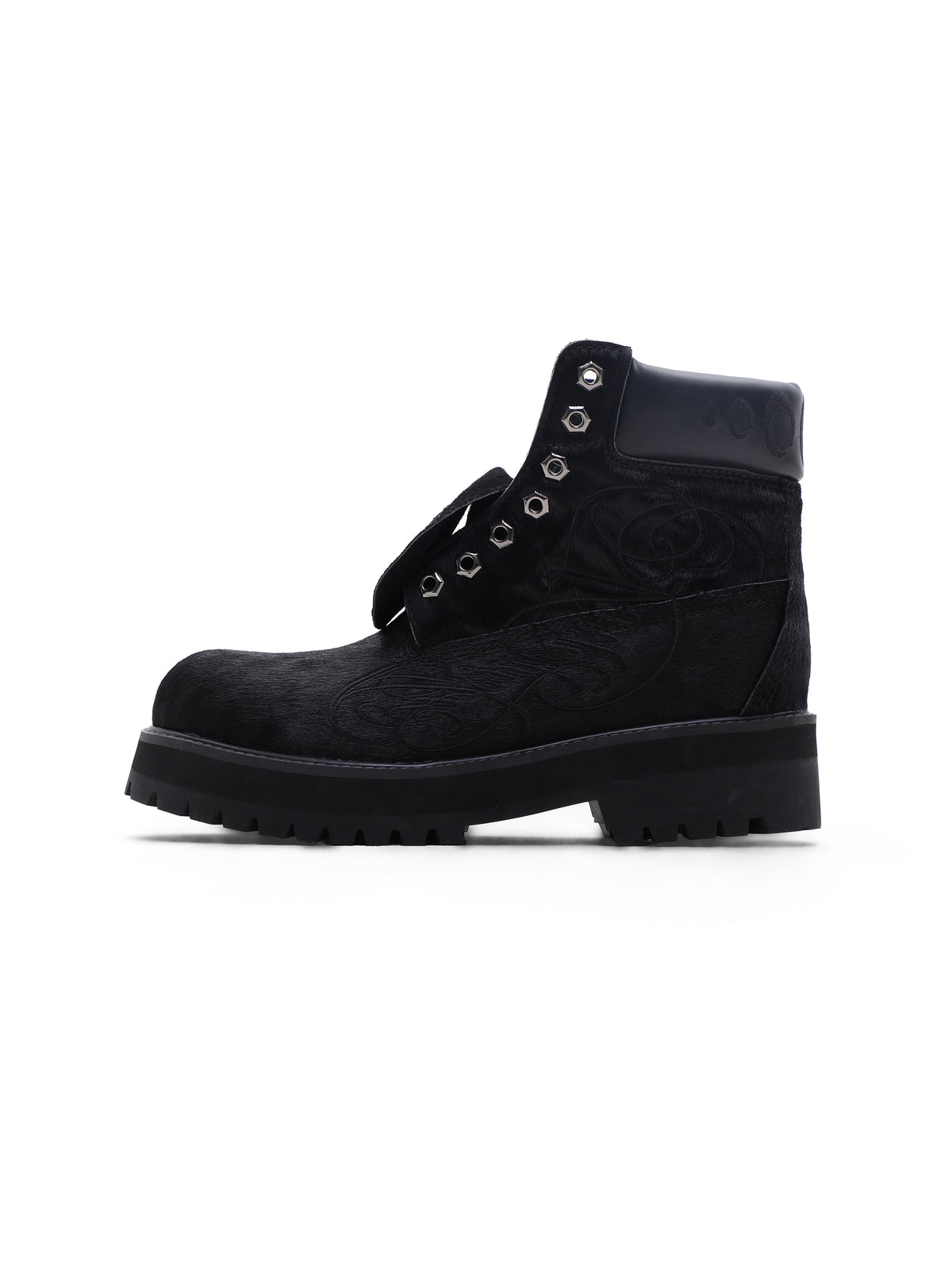 KARMANISTIC Pony-Hair Platform Boots - Silver / Black